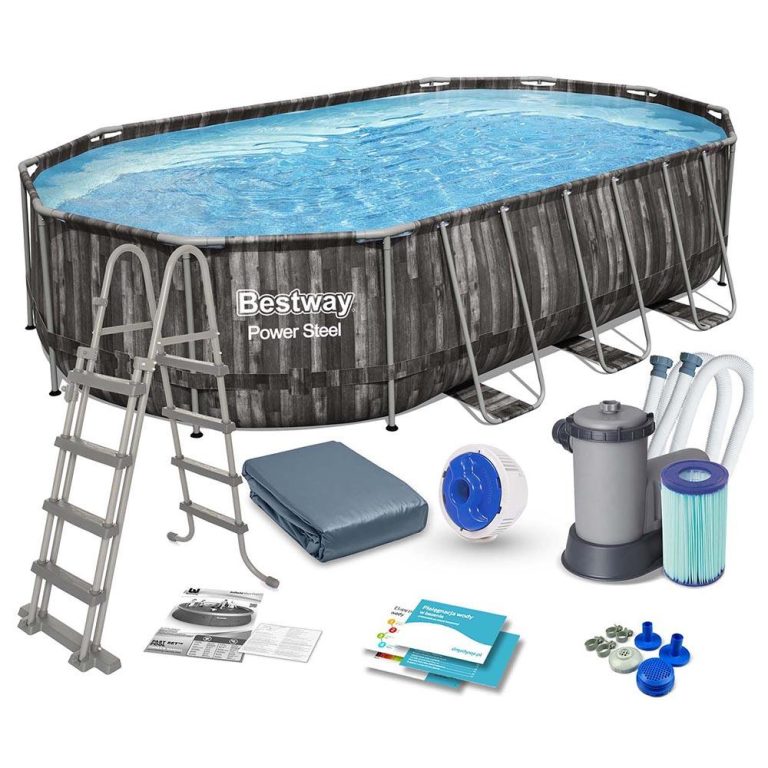 בריכת BESTWAY אובלית דמוי עץ 610X366X122 ס"מ דגם 5611R כוללת: משאבת 1500 גלון פילטר + סולם כניסה ויציאה + כיסוי עליון