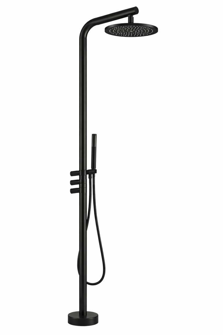 מקלחון חוץ עומד דגם AURA BLACK MATTE כולל ראש גשם ומזלף יד