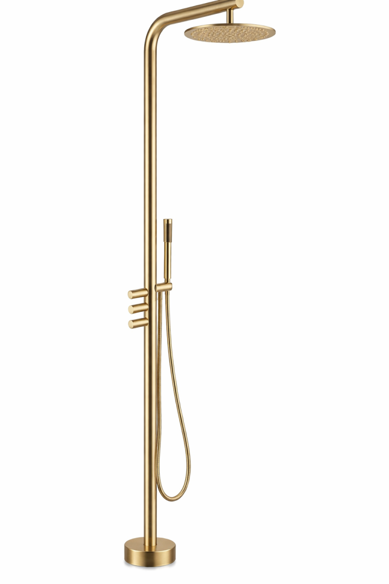 מקלחון חוץ עומד דגם AURA GOLD בגימור זהב מוברש כולל ראש גשם ומזלף יד
